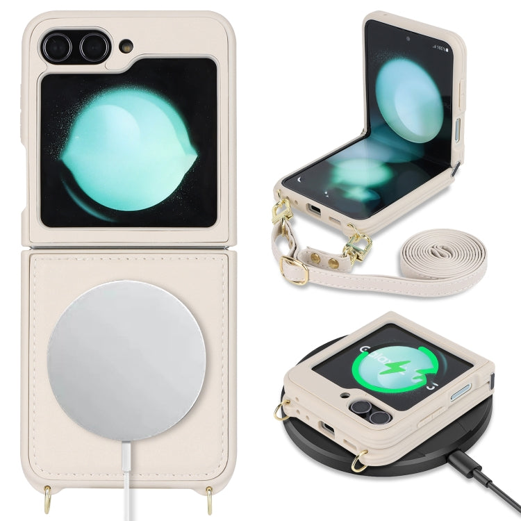 For Samsung Galaxy Z Flip5 5G Crossbody R20 Texture Leather Magsafe Phone Case(White)