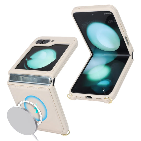 For Samsung Galaxy Z Flip5 5G Crossbody R20 Texture Leather Magsafe Phone Case(White)