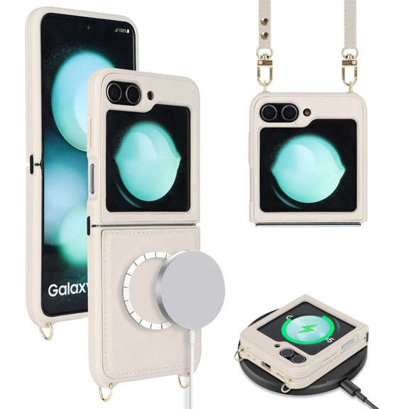 For Samsung Galaxy Z Flip5 5G Crossbody R20 Texture Leather Magsafe Phone Case(White)