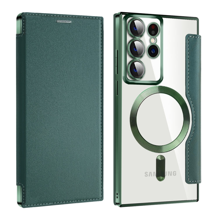 For Samsung Galaxy S22 Ultra 5G Shield MagSafe RFID Anti-theft Leather Phone Case(Green)