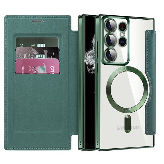 For Samsung Galaxy S22 Ultra 5G Shield MagSafe RFID Anti-theft Leather Phone Case(Green)