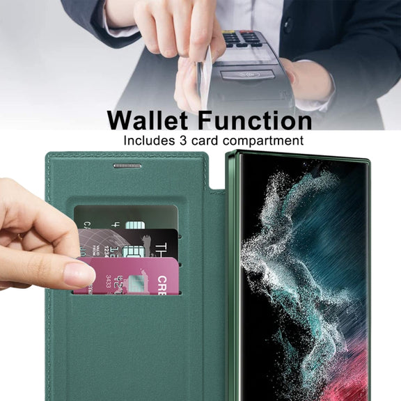 For Samsung Galaxy S22 Ultra 5G Shield MagSafe RFID Anti-theft Leather Phone Case(Green)