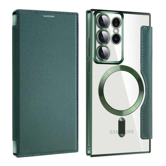 For Samsung Galaxy S22 Ultra 5G Shield MagSafe RFID Anti-theft Leather Phone Case(Green)