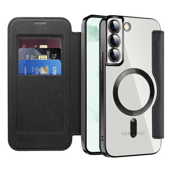 For Samsung Galaxy S22+ 5G Shield MagSafe RFID Anti-theft Leather Phone Case(Black)