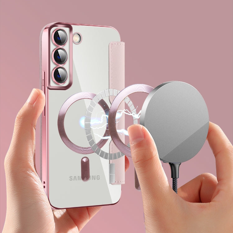 For Samsung Galaxy S22+ 5G Shield MagSafe RFID Anti-theft Leather Phone Case(Pink)