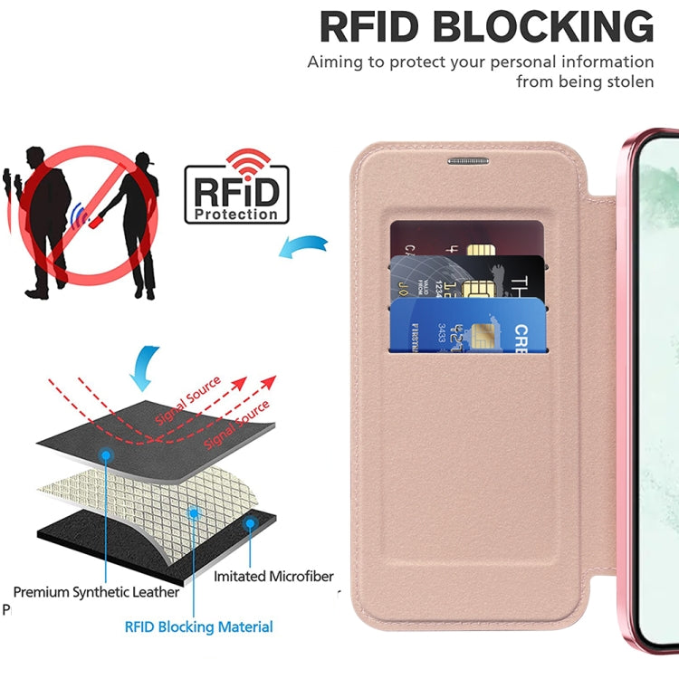 For Samsung Galaxy S22+ 5G Shield MagSafe RFID Anti-theft Leather Phone Case(Pink)