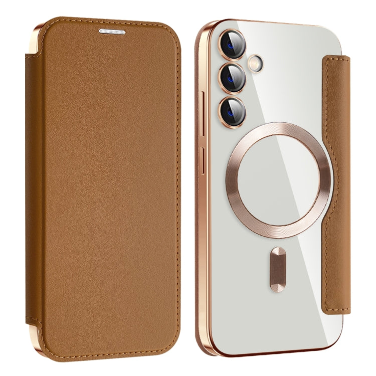 For Samsung Galaxy S23 FE 5G Shield MagSafe RFID Anti-theft Leather Phone Case(Brown)