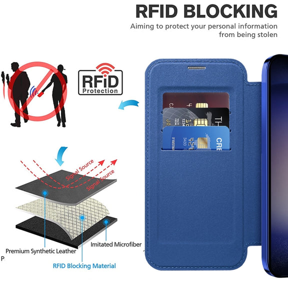 For Samsung Galaxy S25 5G Shield MagSafe RFID Anti-theft Leather Phone Case(Dark Blue)
