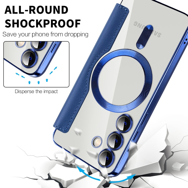 For Samsung Galaxy S25 5G Shield MagSafe RFID Anti-theft Leather Phone Case(Dark Blue)