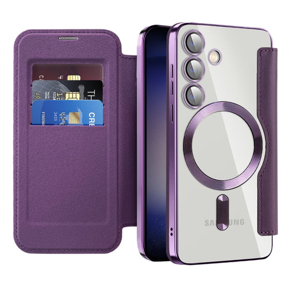 For Samsung Galaxy S25 5G Shield MagSafe RFID Anti-theft Leather Phone Case(Purple)