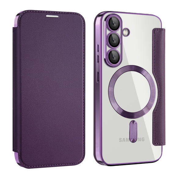 For Samsung Galaxy S25 5G Shield MagSafe RFID Anti-theft Leather Phone Case(Purple)