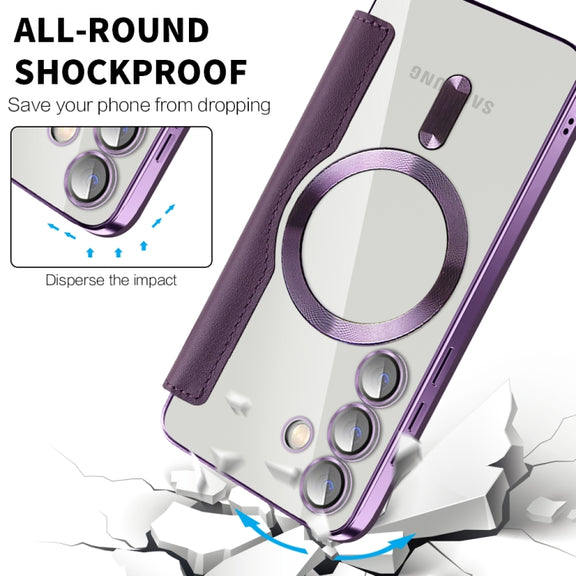 For Samsung Galaxy S25 5G Shield MagSafe RFID Anti-theft Leather Phone Case(Purple)