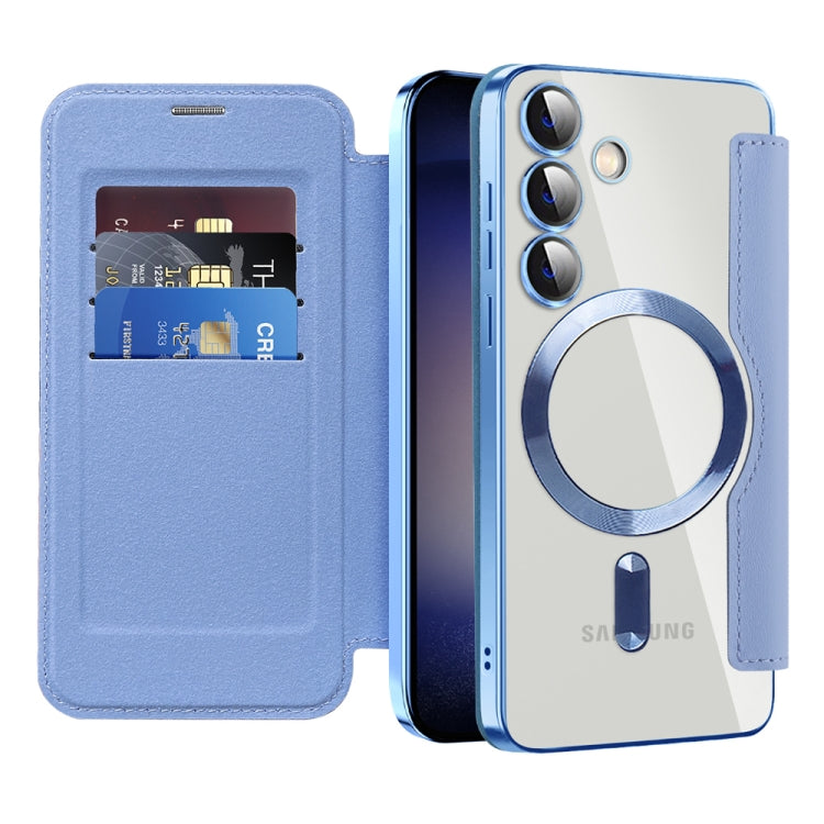 For Samsung Galaxy S25 5G Shield MagSafe RFID Anti-theft Leather Phone Case(Blue)