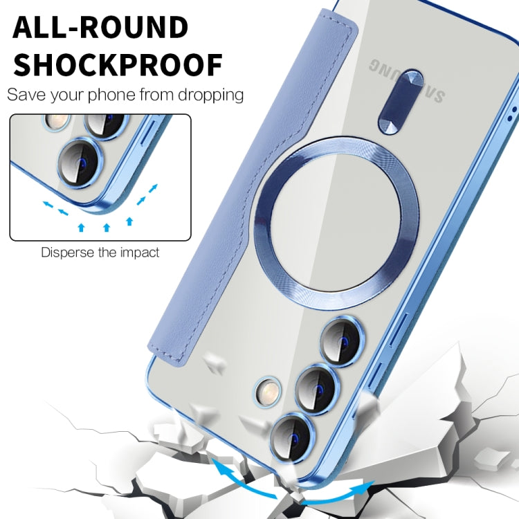 For Samsung Galaxy S25 5G Shield MagSafe RFID Anti-theft Leather Phone Case(Blue)