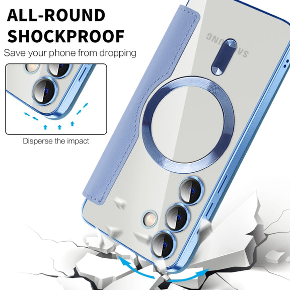 For Samsung Galaxy S25 5G Shield MagSafe RFID Anti-theft Leather Phone Case(Blue)