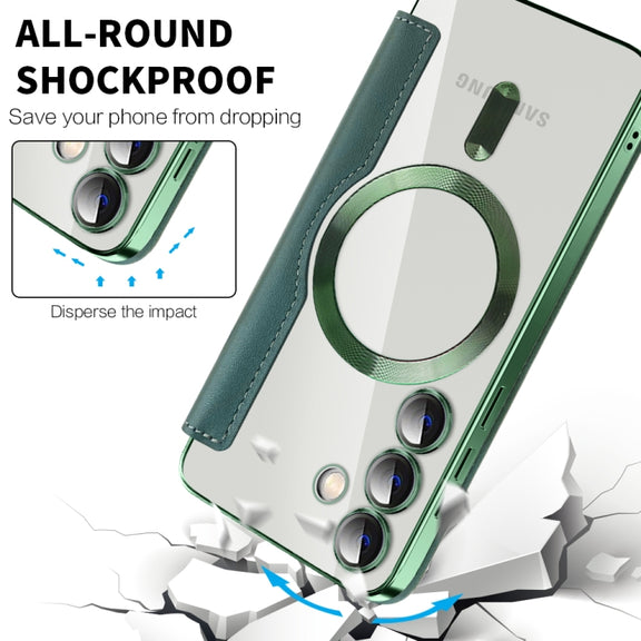 For Samsung Galaxy S25 5G Shield MagSafe RFID Anti-theft Leather Phone Case(Green)