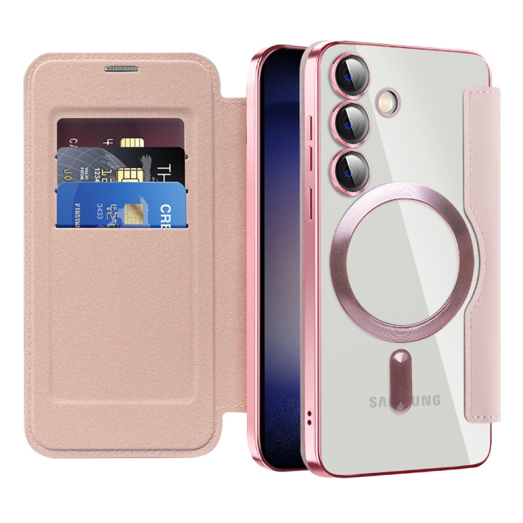For Samsung Galaxy S25 5G Shield MagSafe RFID Anti-theft Leather Phone Case(Pink)
