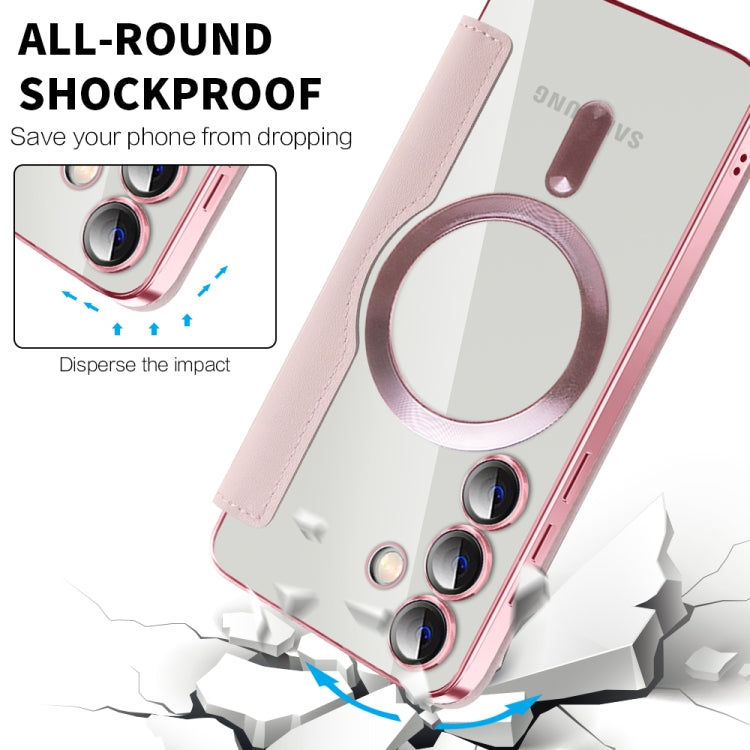 For Samsung Galaxy S25 5G Shield MagSafe RFID Anti-theft Leather Phone Case(Pink)
