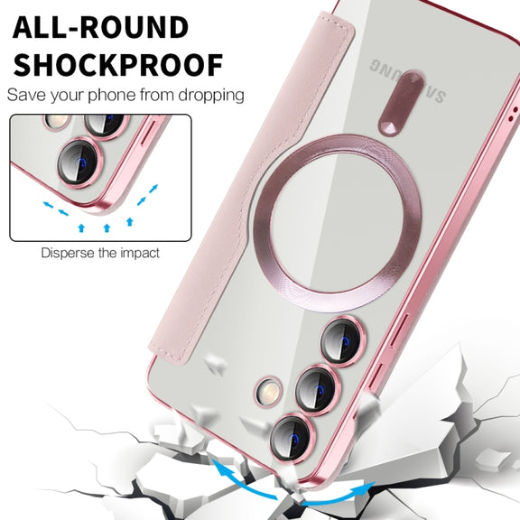 For Samsung Galaxy S25 5G Shield MagSafe RFID Anti-theft Leather Phone Case(Pink)