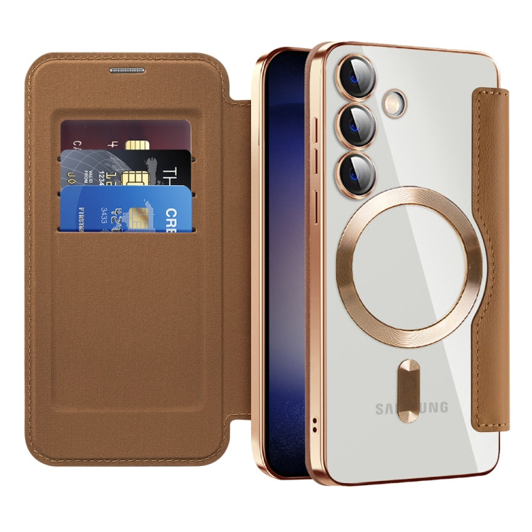 For Samsung Galaxy S25 5G Shield MagSafe RFID Anti-theft Leather Phone Case(Brown)