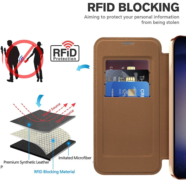 For Samsung Galaxy S25 5G Shield MagSafe RFID Anti-theft Leather Phone Case(Brown)