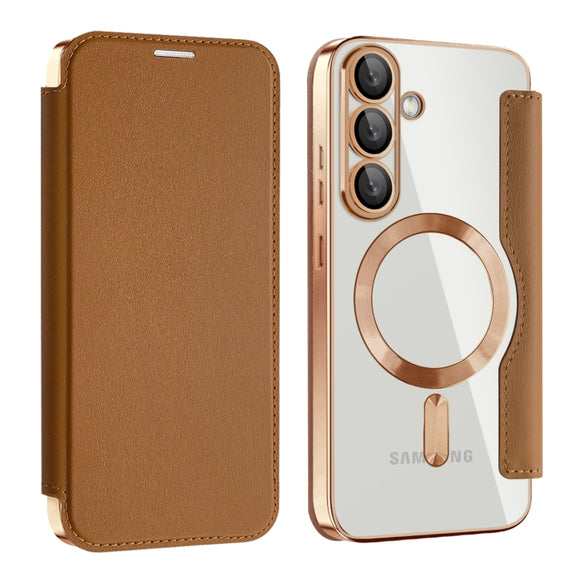 For Samsung Galaxy S25 5G Shield MagSafe RFID Anti-theft Leather Phone Case(Brown)