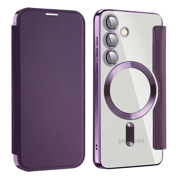 For Samsung Galaxy S25+ 5G Shield MagSafe RFID Anti-theft Leather Phone Case(Purple)