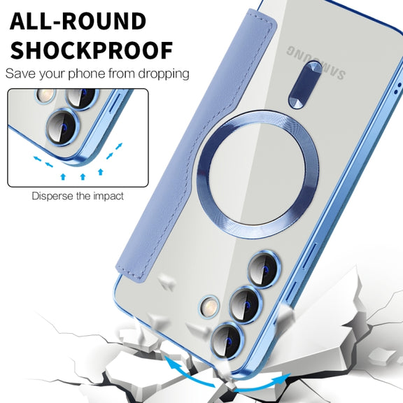 For Samsung Galaxy S25+ 5G Shield MagSafe RFID Anti-theft Leather Phone Case(Blue)