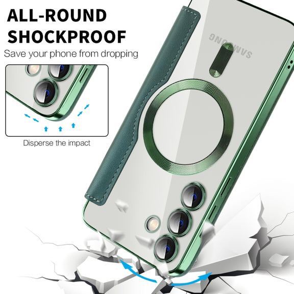For Samsung Galaxy S25+ 5G Shield MagSafe RFID Anti-theft Leather Phone Case(Green)
