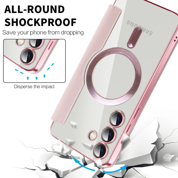 For Samsung Galaxy S25+ 5G Shield MagSafe RFID Anti-theft Leather Phone Case(Pink)