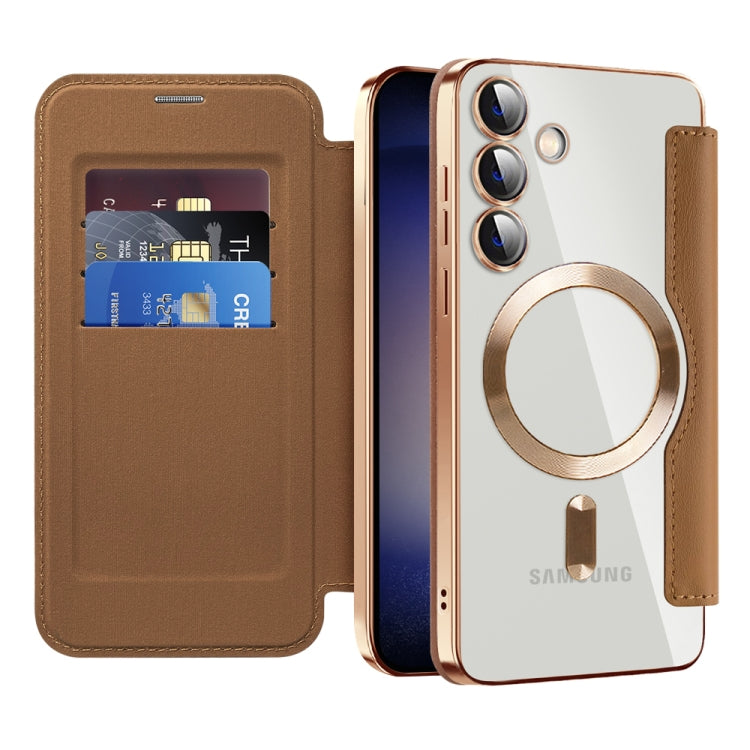 For Samsung Galaxy S25+ 5G Shield MagSafe RFID Anti-theft Leather Phone Case(Brown)