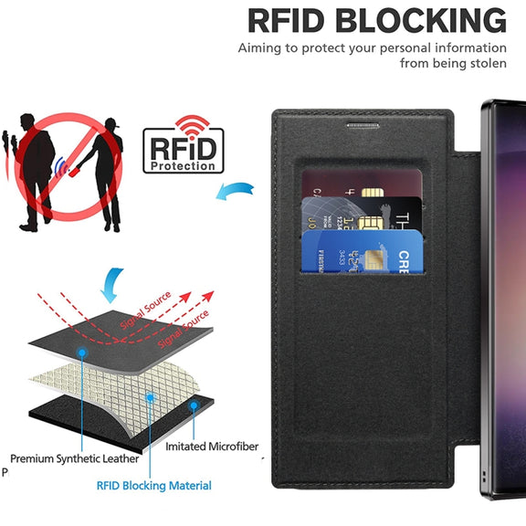 For Samsung Galaxy S25 Ultra 5G Shield MagSafe RFID Anti-theft Leather Phone Case(Black)