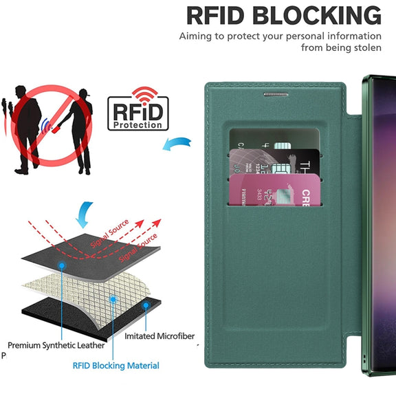 For Samsung Galaxy S25 Ultra 5G Shield MagSafe RFID Anti-theft Leather Phone Case(Green)