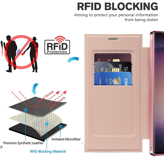 For Samsung Galaxy S25 Ultra 5G Shield MagSafe RFID Anti-theft Leather Phone Case(Pink)