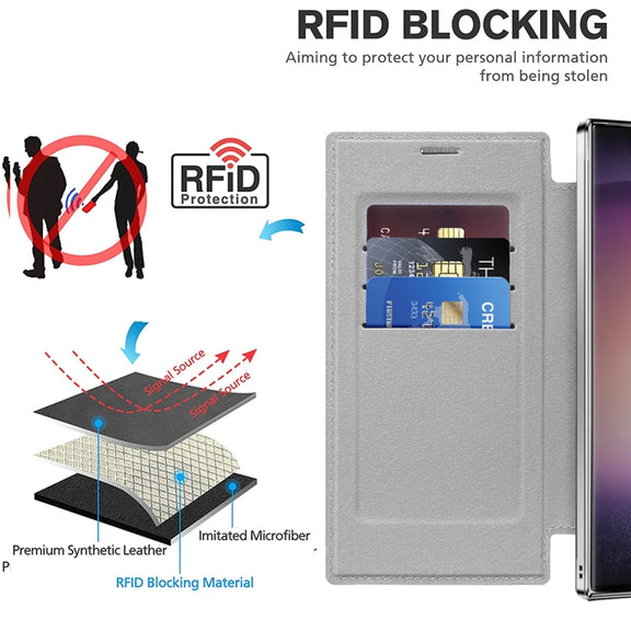 For Samsung Galaxy S25 Ultra 5G Shield MagSafe RFID Anti-theft Leather Phone Case(Grey)