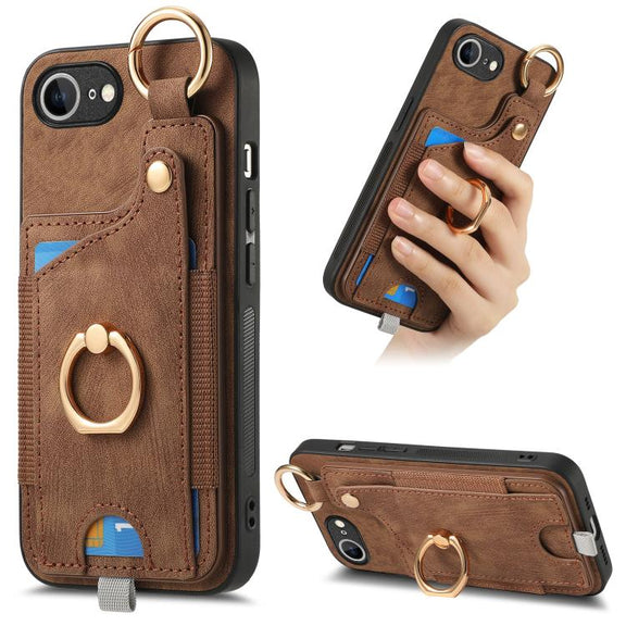 For iPhone 16e Retro Skin-feel Ring Card Bag Phone Case with Hang Loop(Brown)