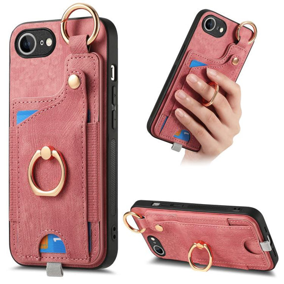 For iPhone SE 2024 Retro Skin-feel Ring Card Bag Phone Case with Hang Loop(Pink)
