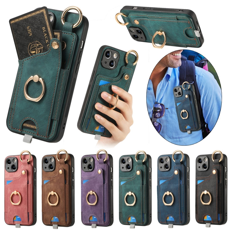 For iPhone 16e Retro Skin-feel Ring Card Bag Phone Case with Hang Loop(Brown)