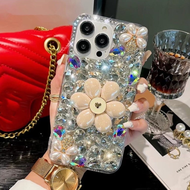 For iPhone 13 Pro Max Sunflower Holder Hand-set Diamond PC Phone Case(White)