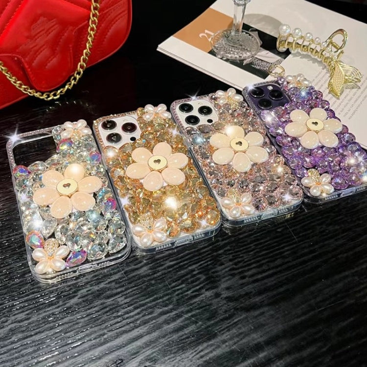 For iPhone 13 Pro Max Sunflower Holder Hand-set Diamond PC Phone Case(White)