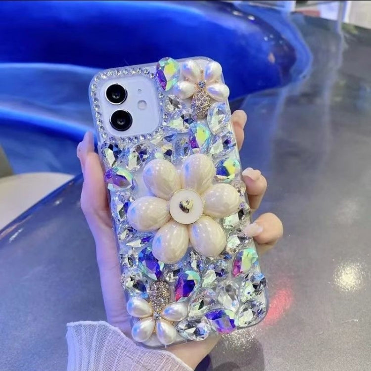 For iPhone 13 Pro Max Sunflower Holder Hand-set Diamond PC Phone Case(White)