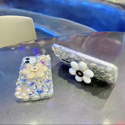 For iPhone 13 Pro Max Sunflower Holder Hand-set Diamond PC Phone Case(White)