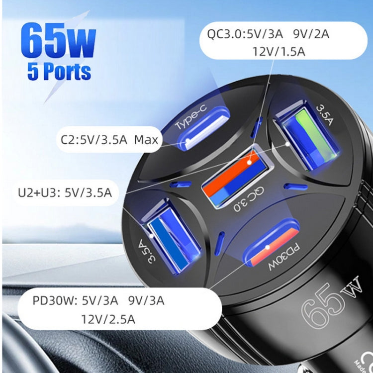 TE-P50 65W PD30W Type-C x 2 + USB x 3 Multi Port Car Charger(Black)