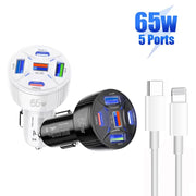 TE-P50 65W PD30W Type-C x 2 + USB x 3 Multi Port Car Charger with 1m Type-C to 8 Pin Data Cable(White)