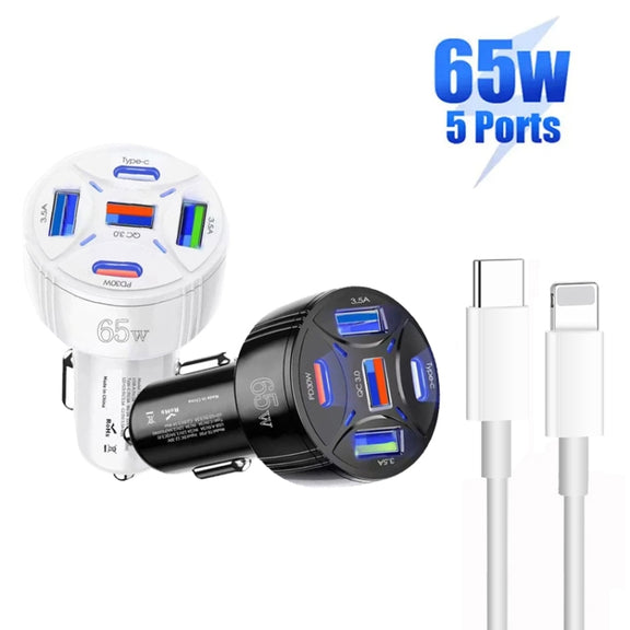 TE-P50 65W PD30W Type-C x 2 + USB x 3 Multi Port Car Charger with 1m Type-C to 8 Pin Data Cable(White)