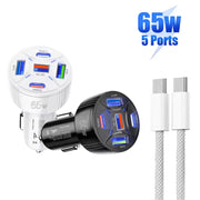 TE-P50 65W PD30W Type-C x 2 + USB x 3 Multi Port Car Charger with 1m Type-C to Type-C Data Cable(White)