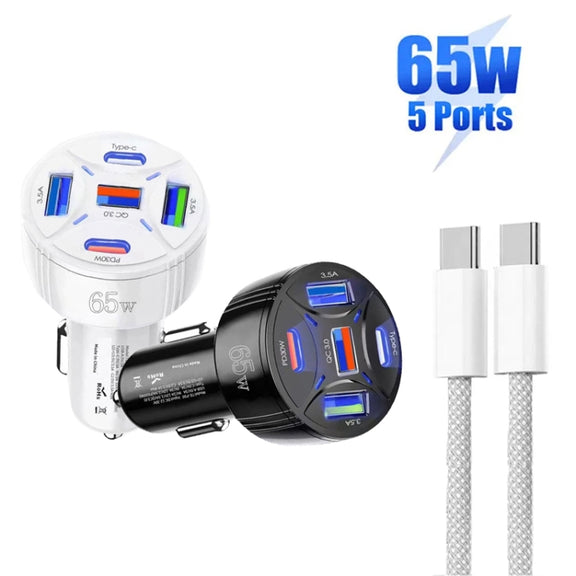 TE-P50 65W PD30W Type-C x 2 + USB x 3 Multi Port Car Charger with 1m Type-C to Type-C Data Cable(White)