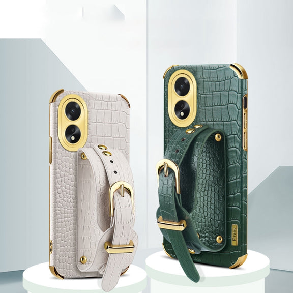 For OPPO A38 Electroplated Wrist Strap Crocodile Leather Back Phone Case(White)