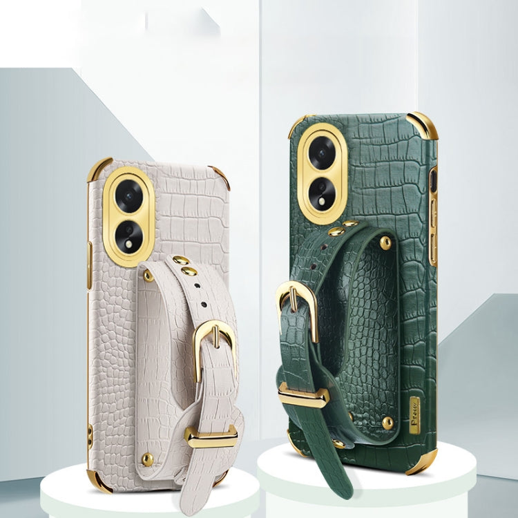 For OPPO A38 Electroplated Wrist Strap Crocodile Leather Back Phone Case(White)