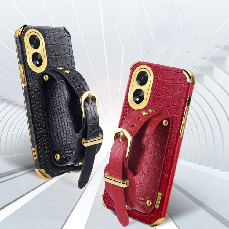 For OPPO A38 Electroplated Wrist Strap Crocodile Leather Back Phone Case(White)